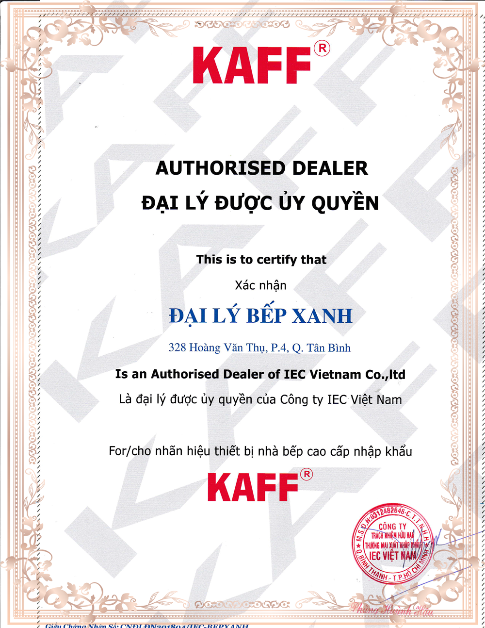 chứng nhận phân phối Kaff